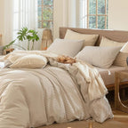 MooMee Striped Duvet Cover Set 100% Washed Cotton Linen Like Textured Breathable Durable Soft Comfy (Tannish Linen Grey White Pinstripes, Oversized King Plus 128"x120")