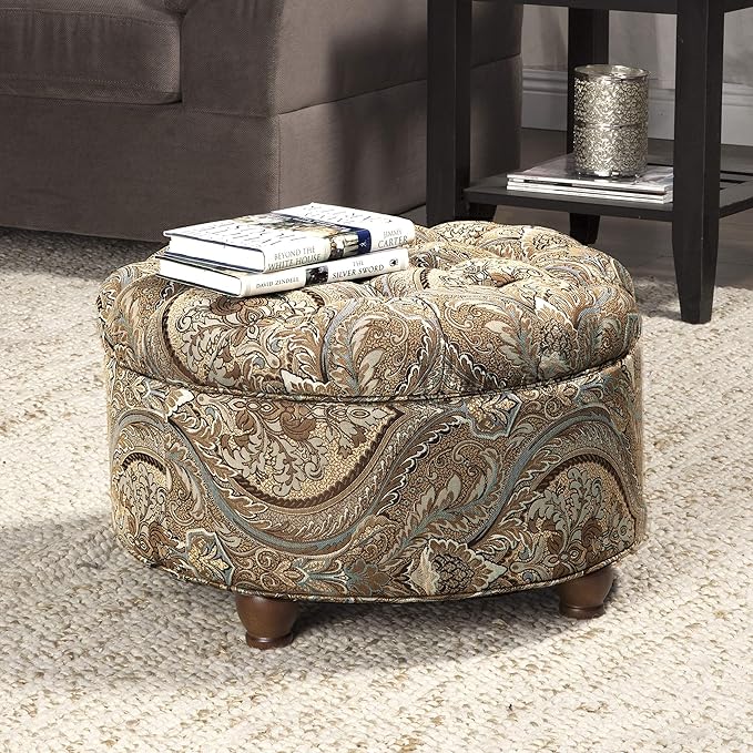 Homepop Home Decor |N8264-F1044 | Large Button Tufted Woven Round Storage Ottoman | Ottoman with Storage for Living Room & Bedroom, Traditional Paisley