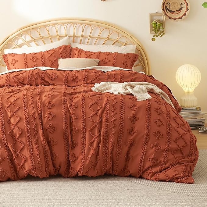 Bedsure Boho Duvet Cover King Size, Soft & Comfortable Elegant Design Boho Bedding for Decoration, Machine Washable Comforter Cover for All Seasons,Includes 1 Duvet Cover & 2 Pillow Shams,Terracotta