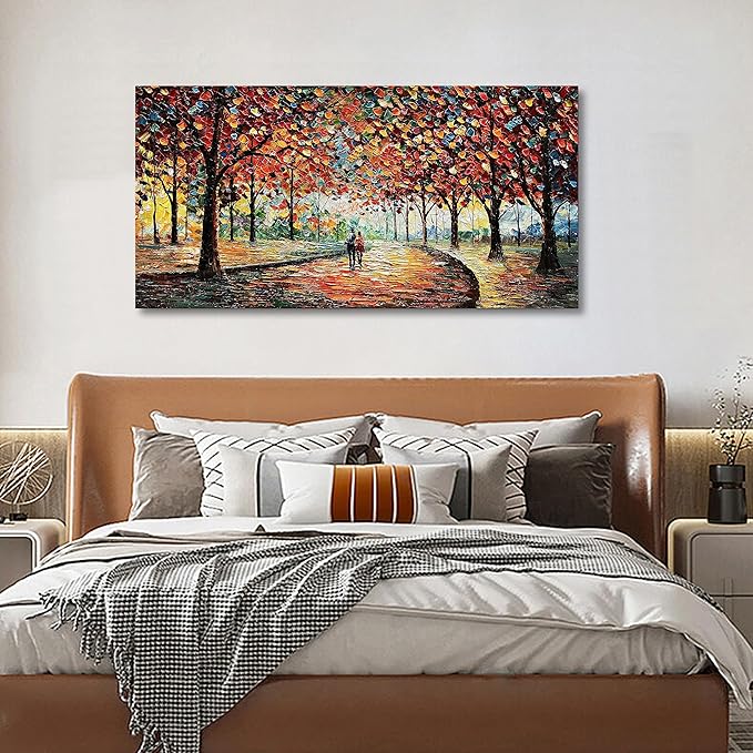 Art 24x48 Inch Hand-Painted Landscape Oil Painting Wall Art Lovers Stroll Along The Park Path Oil Painting Living Room Bedroom Wall Decoration