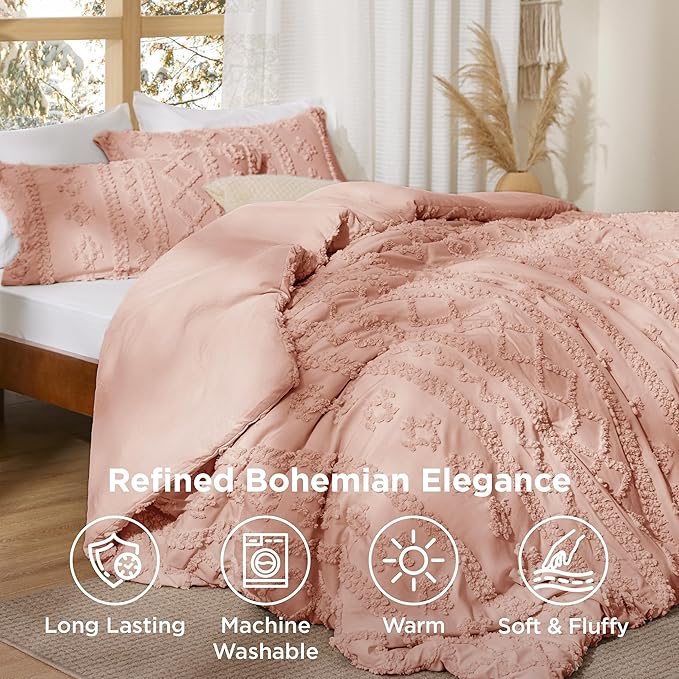 Bedsure Tufted Boho Comforter Set Queen Size - Light Pink Boho Bed Set, GentleSoft™ 3 Pieces Farmhouse Shabby Chic Embroidery Bedding, Gifts for Woman, Soft Jacquard Queen Comforter for All Seasons