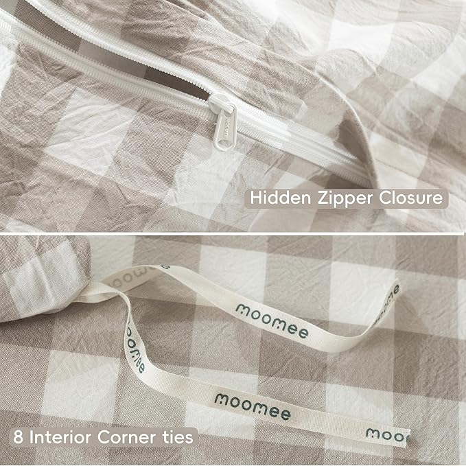 MooMee Gingham Duvet Cover Set 100% Washed Cotton Linen Like Textured Breathable Durable Soft Comfy Modern Checkered Design (Buffalo Plaid Tannish Linen Grey, Queen 90"x90")