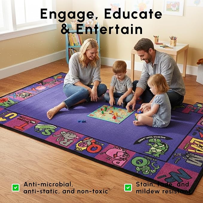 SAFECASTLE Alphabet Charlie Kids Educational Area Rug – 5'4" x 7'8" – ABC Alphabet Border Classroom Carpet for Playroom, Classroom, Daycare, or Preschool – Durable Machine-Tufted Nylon Rug