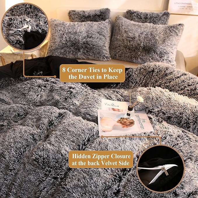 XeGe Plush Shaggy Duvet Cover Set, Luxury Ultra Soft Crystal Velvet Fluffy Bedding Sets 3 Pieces(1 Furry Faux Fur Comforter Cover + 2 Fuzzy Faux Fur Pillow Cases), Zipper Closure(Queen, Black Ombre)