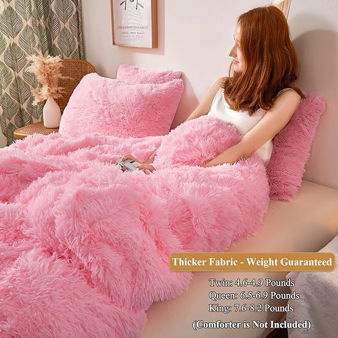 XeGe Plush Shaggy Duvet Cover Set, Luxury Ultra Soft Crystal Velvet Fluffy Bedding Sets 2 Pieces(1 Furry Faux Fur Comforter Cover + 1 Fuzzy Faux Fur Pillow Case), Zipper Closure(Twin, Light Pink)