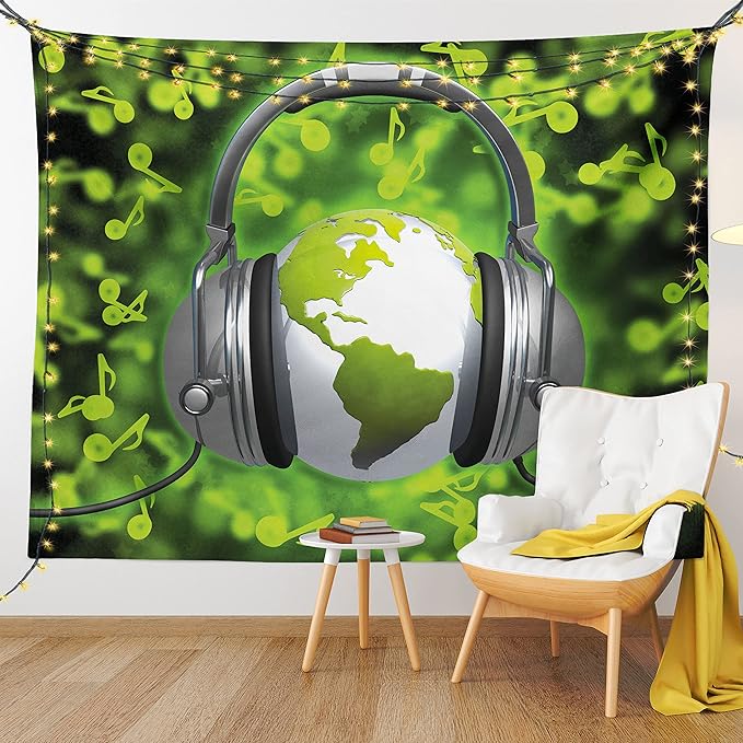 Ambesonne World Tapestry, World of Music Themed Composition DJ Headphones Musical Notes and Earth Globe, Wide Wall Hanging for Bedroom Living Room Dorm, 80" X 60", Lime Green Grey