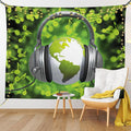 Ambesonne World Tapestry King Size, World of Music Themed Composition DJ Headphones Musical Notes and Earth Globe, Wall Hanging Bedspread Bed Cover Wall Decor, 104" X 88", Lime Green Grey