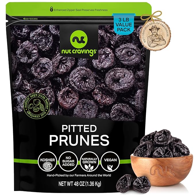 NUT CRAVINGS - Dried Prunes Pitted Unsweetened, Dry Plums No Sugar Added, Unsulphured (48oz, 3 LB) Tu Bishvat Favorite - Sweet Healthy Snack, Vegan, Kosher, Resealable Bag