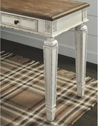 Signature Design by Ashley Realyn Farmhouse Home Office Desk, 2 Drawers, Drop-down Drawer, USB Charging, Wood, 60" W x 28" D x 31" H, Chipped White and Brown