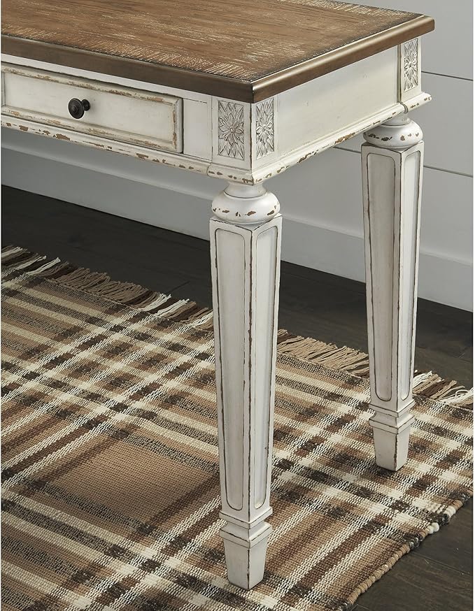 Signature Design by Ashley Realyn Farmhouse Home Office Desk, 2 Drawers, Drop-down Drawer, USB Charging, Wood, 60" W x 28" D x 31" H, Chipped White and Brown