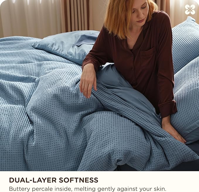 Bedsure Cotton Duvet Cover King - 100% Cotton Waffle Weave Grey Blue Duvet Cover King Size, GentleSoft™ and Breathable Bedding Set for All Season, 3 Pieces, 104"x90"