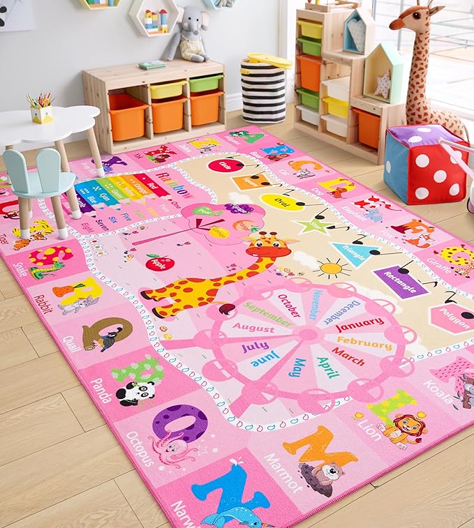Chicrug Educational Kid Area Rug for Playroom, 9x12 Feet TPR Non Slip Kids Classroom Carpet Rug for Learning ABC Animal Shape Color Fruit, Washable Play Mat Rug for Children Nursery Toddler Room Decor