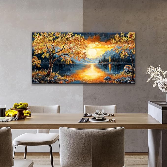 Canvas Art Wall Decor Modern Gold Tree River Landscape Wall Art Print For Bedroom Modern Office Art Prints Sunrise Landscape Print Paintings Pictures Artwork Aesthetic 20 X 40 In