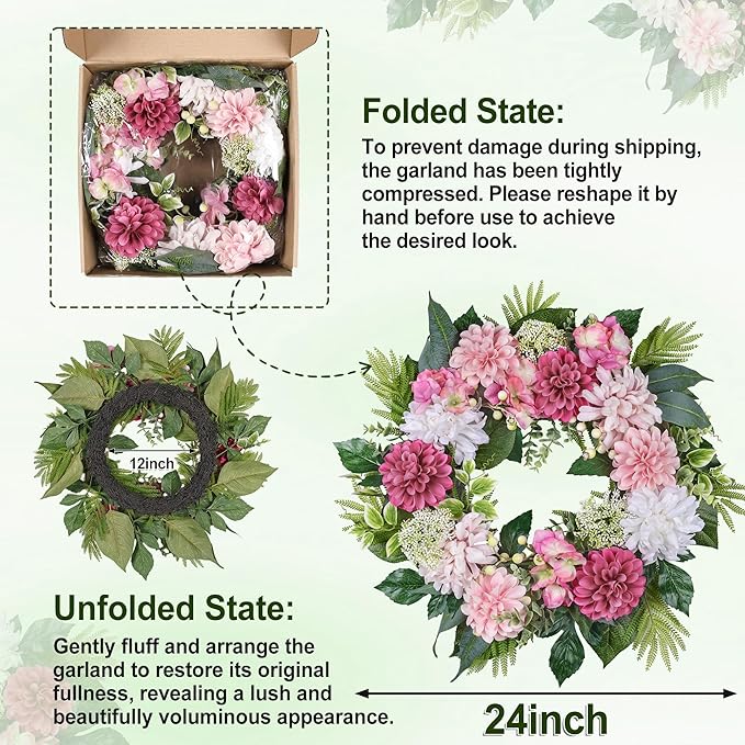 24-Inch Spring Wreath for Front Door with Hydrangeas Dahlias Daisy Silk Flowers and Berry Greenery for All Seasons Indoor Outdoor Wedding Farmhouse Porch Wall Living Room Home Wedding Decor