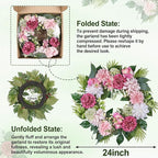 24-Inch Spring Wreath for Front Door with Hydrangeas Dahlias Daisy Silk Flowers and Berry Greenery for All Seasons Indoor Outdoor Wedding Farmhouse Porch Wall Living Room Home Wedding Decor