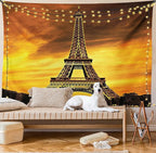 Ambesonne Eiffel Tower Tapestry Twin Size, Paris Love City Monument in Dramatic Sunrise Picture of French Landmark, Wall Hanging Bedspread Bed Cover Wall Decor, 68" X 88", Yellow Brown
