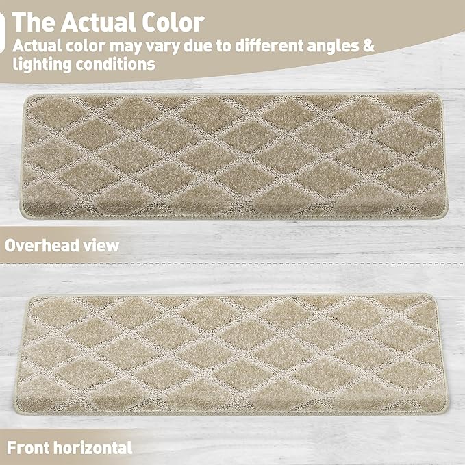 PURE ERA Bullnose Carpet Stair Treads Tape Free Non-Slip Indoor Stair Protectors Pet Friendly Stair Treads for Wooden Steps 9.5" x 30"(7 Pieces, Cream Gray Diamond Trellis)