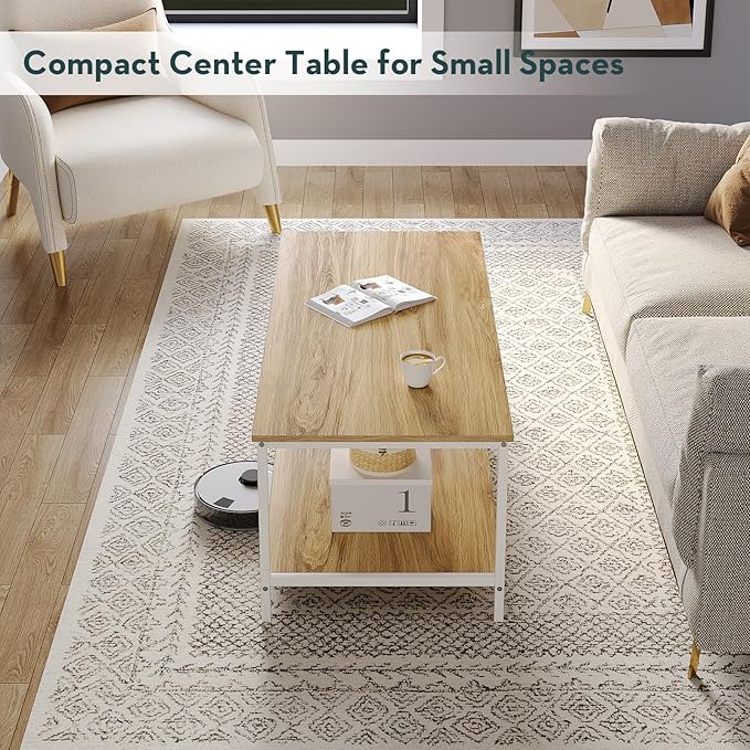 SAYGOER Coffee Table with Storage 2-Tier Industrial Center Table for Living Room, Rectangle Wood Table for Small Spaces Apartment Home Office, Beige White