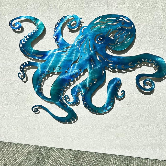LiveInUrban Coastal Wall Art Octopus Metal Wall Sculptures, Ocean Beach Themed Metal Hanging Home Decoration 15.7"x11.1"