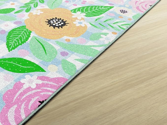 Flagship Carpets Schoolgirl Style Pretty in Pastel Floral On Gingham Educational Area Rug for Kids Room, Children's Classroom Rug for Teaching and Playroom, 5' X 7'6"
