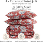 Southshore Fine Living, Inc. Oversized Quilt Bedding Set, 2-Piece Twin XL Coverlet with Matching Sham, Jacobean Willow Floral Coverlet, All Season Quilt Bedspread, Lightweight Twin Quilts, Red