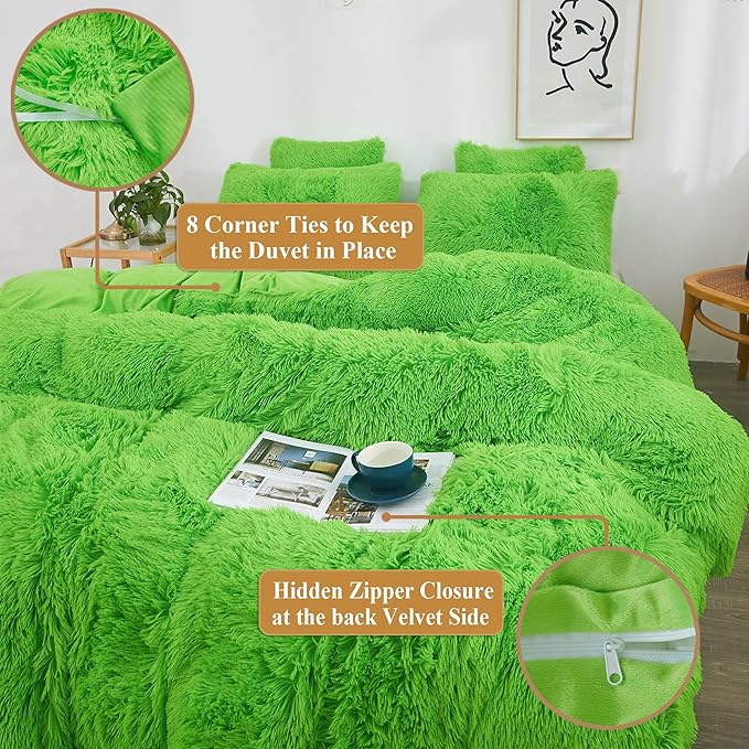 XeGe Plush Shaggy Duvet Cover Set, Luxury Ultra Soft Fluffy Faux Fur Bedding Sets 2 Pieces Velvet(1 Fuzzy Furry Comforter Cover + 1 Faux Fur Pillow Case), Zipper Closure (Twin, Lime Green)