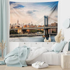 Ambesonne New York Tapestry King Size, Manhattan Bridge and the New York Skyline at Sunset East River Highrise Buildings, Wall Hanging Bedspread Bed Cover Wall Decor, 104" X 88", Camel Blue