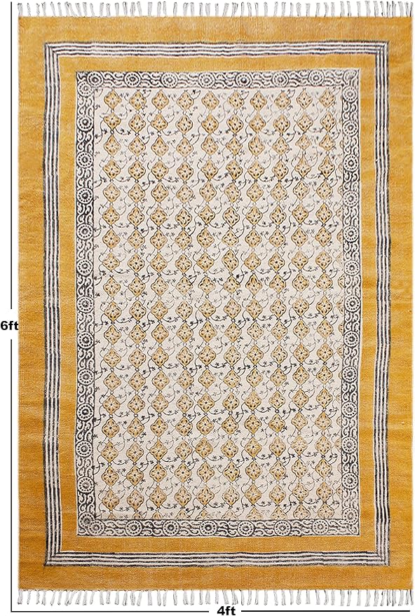 Area Rug 8x10 Kilim Rug Yellow & Beige Cotton Dhurrie Oriental Thick 0.19 inches Stone Easy Washable Rug Hand Wash Cotton Carpet Flatweave Rug Indoor Outdoor Rugs for Living Room, Bedroom