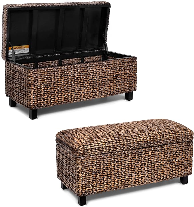 BIRDROCK HOME Abaca Storage Bench – Hand-Woven Wicker Entryway Bench w/Lift-Top Hidden Storage, Solid Wood Frame - Brown Wash