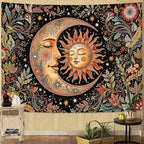 Accnicc Vintage Sun and Moon Tapestry Boho Hippie Floral Wall Tapestry for Bedroom Aesthetic Brown Celestial Spiritual Botanical Plant Small Tapestries Wall Hanging for Living Room Dorm 60 x 44 Inch