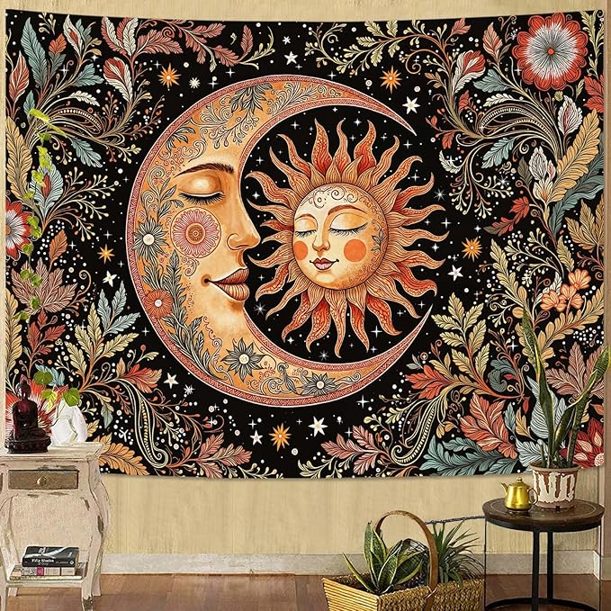 Accnicc Vintage Sun and Moon Tapestry Boho Hippie Floral Wall Tapestry for Bedroom Aesthetic Brown Celestial Spiritual Botanical Plant Small Tapestries Wall Hanging for Living Room Dorm 48 x 36 Inch