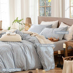 MooMee Gingham Duvet Cover Set 100% Washed Cotton Linen Like Textured Breathable Durable Soft Comfy Modern Checkered Design (Classic Gingham Cornflower Blue, Twin 68"x90")
