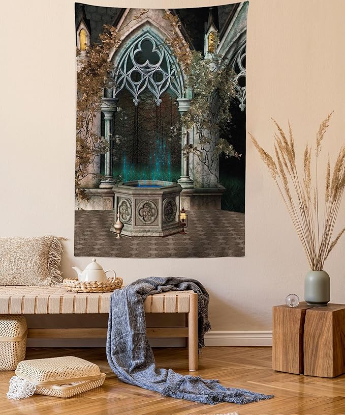 Ambesonne Gothic Tapestry, Patio with Enchanted Wishing Well Ivy on Antique Gateway to Forest, Wall Hanging for Bedroom Living Room Dorm Decor, 60" X 80", Taupe Green