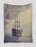Ambesonne Nautical Tapestry, Old Pirate Ship in the Sea Historical Cruise Retro Voyage Grunge Style Art, Wall Hanging for Bedroom Living Room Dorm Decor, 60" X 80", Tan Plum