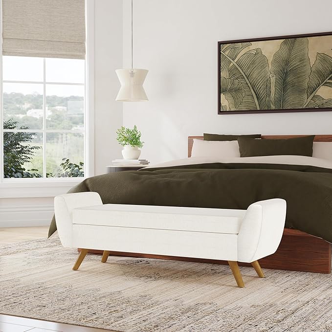 HomePop Modern Storage Bench with Wood Legs |Homepop Home Décor|Bench with Storage for Living Room & Bedroom - Cream Woven