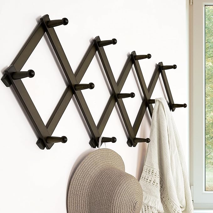 Dseap Accordion Wall Hanger:16'' High Wooden Wall Expandable Coat Rack,Hat Rack Holder,Accordion Hook for Baseball Caps,Coats,13 Peg Hooks,Dark Walnut