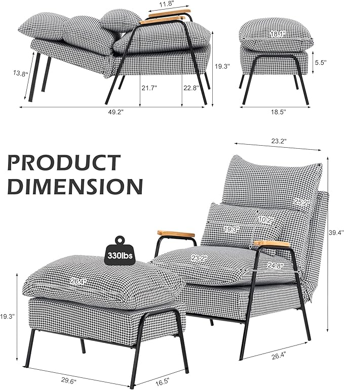 MCombo Accent Recliner Chair with Ottoman, Modern Fabric Armchair, Upholstered Sofa Bed for Living Room Bedroom, Small Space 4055 (Black Frame, Houndstooth)