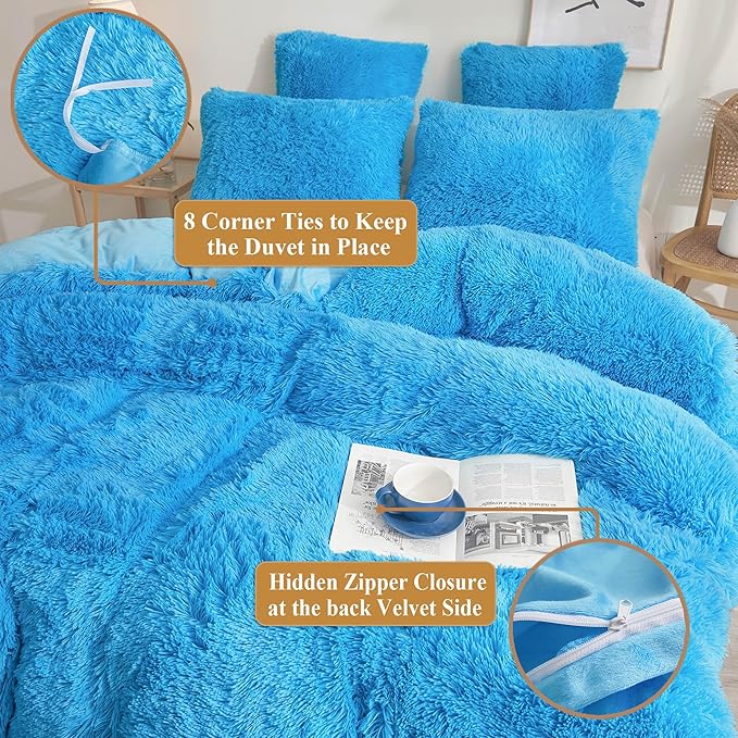 XeGe Plush Shaggy Duvet Cover Set, Luxury Ultra Soft Fluffy Faux Fur Bedding Sets 2 Pieces Velvet(1 Fuzzy Furry Comforter Cover + 1 Faux Fur Pillow Case), Zipper Closure (Twin, Blue)