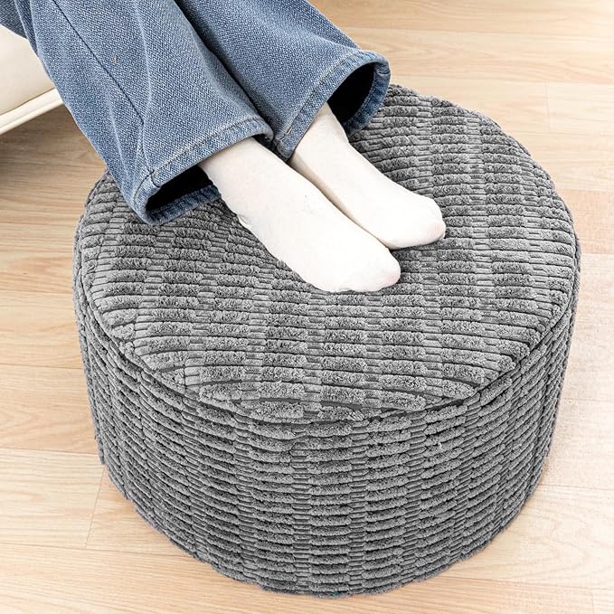 Stuffed Pouf Ottoman with Modern High-Density Foam Faux Fur Poufs Pouf Stool Round Foot Stool Cushion Storage Ottoman 20 * 12''Floor Poufs Ottoman Foot Rest for Living Room (Dark Grey)