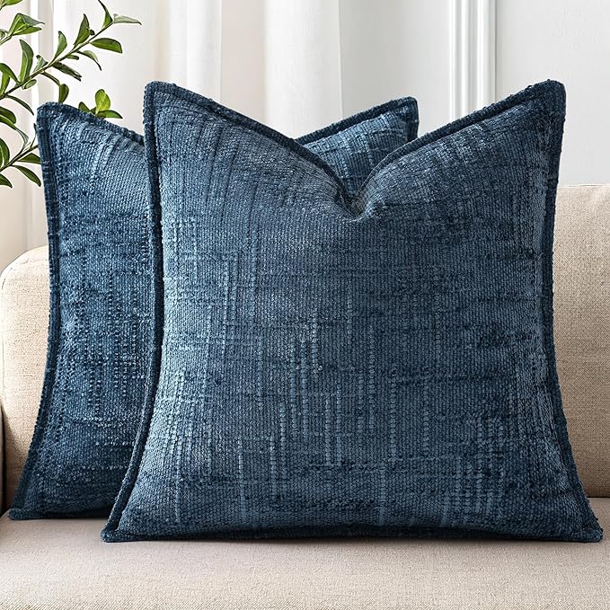 decorUhome Chenille Throw Pillow Covers 22x22 Set of 2, Thick Textured Slubby Neutral Decorative Pillow Covers with Elegant Design for Couch, Sofa, Living Room, Navy Blue
