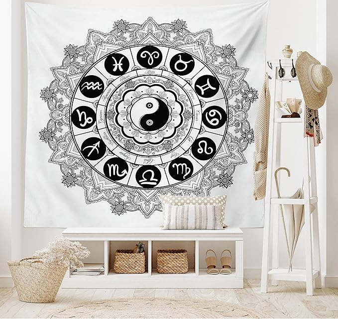 Ambesonne Ying Yang Tapestry, Round Zodiac Theme Design in Centre Astrology Signs Print, Fabric Wall Hanging Decor for Bedroom Living Room Dorm, 28" X 23", White Black