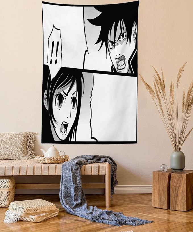 Ambesonne Anime Tapestry, Japanese Comics Strip Boy and Girl Fight Scene Manga Image Cartoon Print, Wall Hanging for Bedroom Living Room Dorm Decor, 40" X 60", Black White Grey