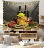 Ambesonne Winery Tapestry King Size, Cask Bottles and Glasses of Wine and Ripe Grapes on Wooden Table Picture Print, Wall Hanging Bedspread Bed Cover Wall Decor, 104" X 88", Grey Taupe