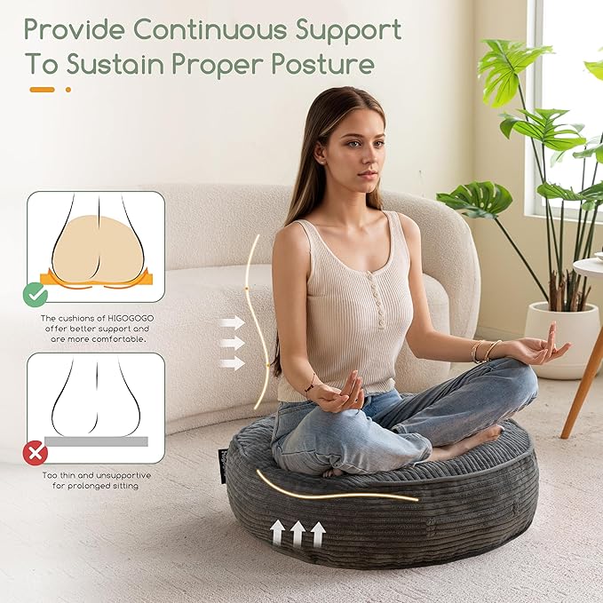 6" Washable Floor Pillow Cushion for Adults, Meditation Cushion Pillow, Large Round Floor Sitting, Removable Tufted Corduroy Cover, for Tatami Living Room or Yoga, 22x22 Inch, 2Pack, Machine Washable