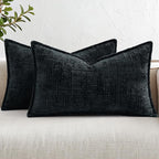 decorUhome Chenille Throw Pillow Covers 12x20 Set of 2, Thick Textured Slubby Neutral Decorative Pillow Covers with Elegant Design for Couch, Sofa, Living Room, Black