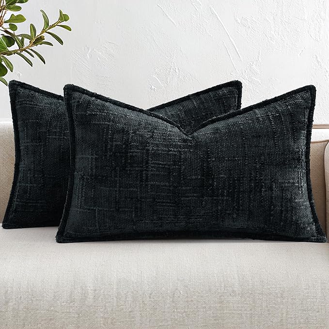 decorUhome Chenille Throw Pillow Covers 12x20 Set of 2, Thick Textured Slubby Neutral Decorative Pillow Covers with Elegant Design for Couch, Sofa, Living Room, Black
