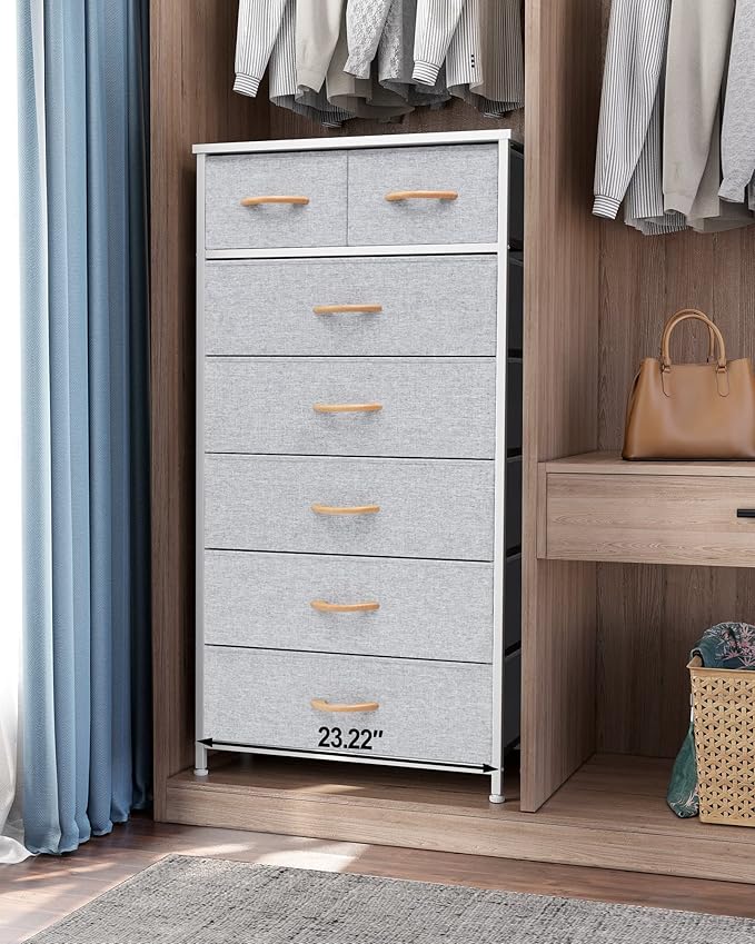 Crestlive Products Vertical Dresser Storage Tower - Sturdy Steel Frame, Wood Top, Easy Pull Fabric Bins, Wood Handles - Organizer Unit for Bedroom, Hallway, Entryway, Closets - 7 Drawers (Light Gray)