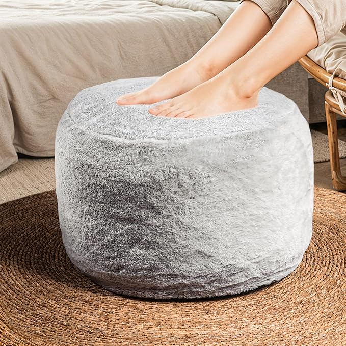 Cozy Plush Grey Pouf | Living Room Ottoman Footrest at 20 x 15 Inches | Soft, Non-Shedding Round Stool Sofa Ottoman with Supportive Foam Filling | Foot Rest for Couch