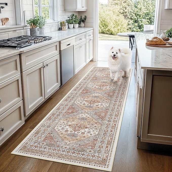 3x8 Runner Rug Non Slip Washable for Entryway, Front Porch, Vintage Hallway Runner for Laundry Room, Bedroom, Stain Resistant Thin Indoor Kitchen Mats for Floor(Orange,3'x8')