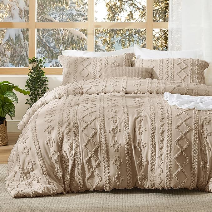 Bedsure Tufted Boho Comforter Set Oversized King - Khaki Boho Bed Set, GentleSoft™ 3 Pieces Farmhouse Shabby Chic Embroidery Bedding, Gifts for Woman, Soft Jacquard Comforter for All Seasons
